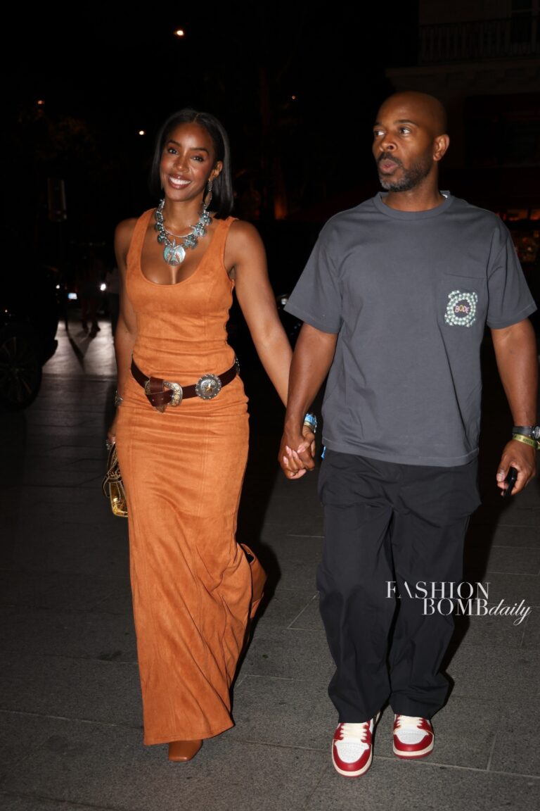 Kelly Rowland Wears Suede Tofé Dress, NDG Paris Bag, and Represent Woman Boots in Paris as Tim Weatherspoon Sports Bode Tee for Beyoncé’s Cowboy Carter Tour