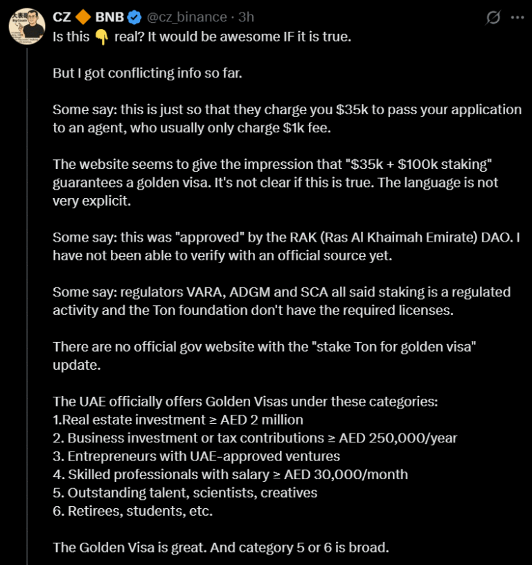 CZ Questions TON’s UAE Golden Visa as Official Sources Stay Silent