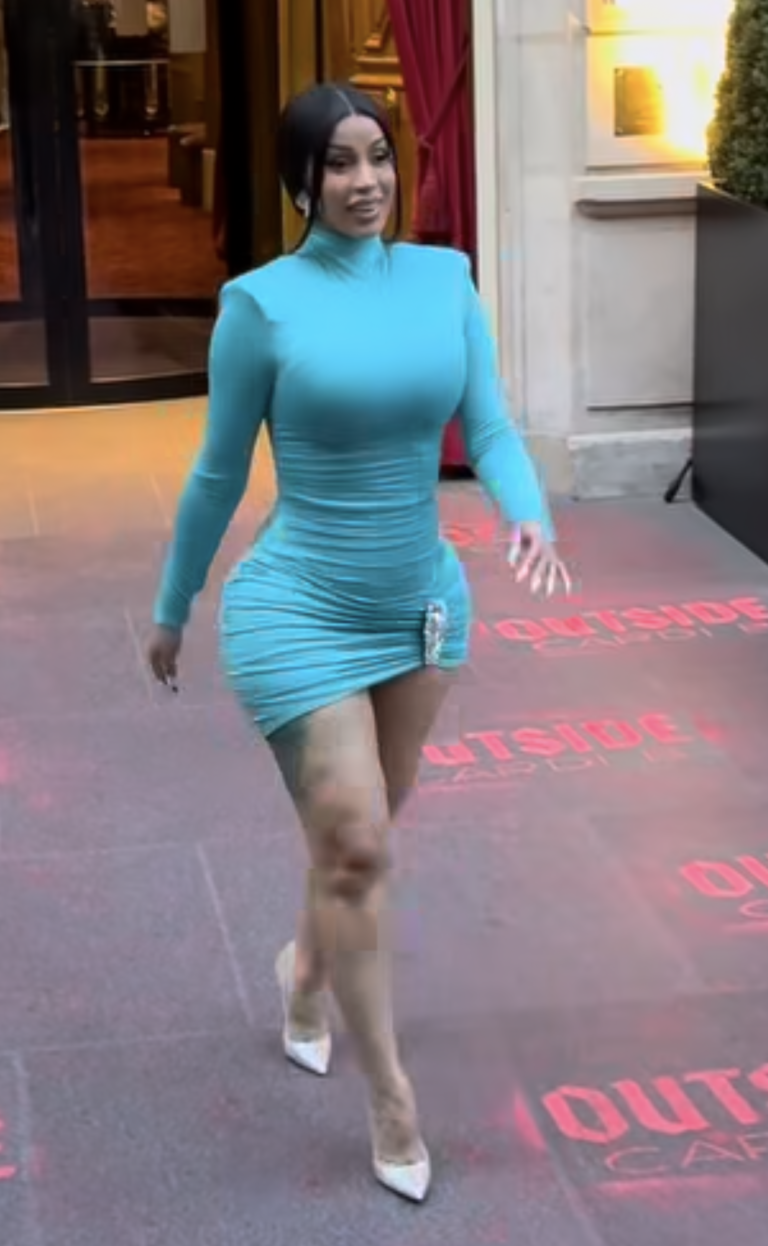 Cardi B Greets Fans in Area Teal Crystal Mini Dress While Promoting Outside in Paris