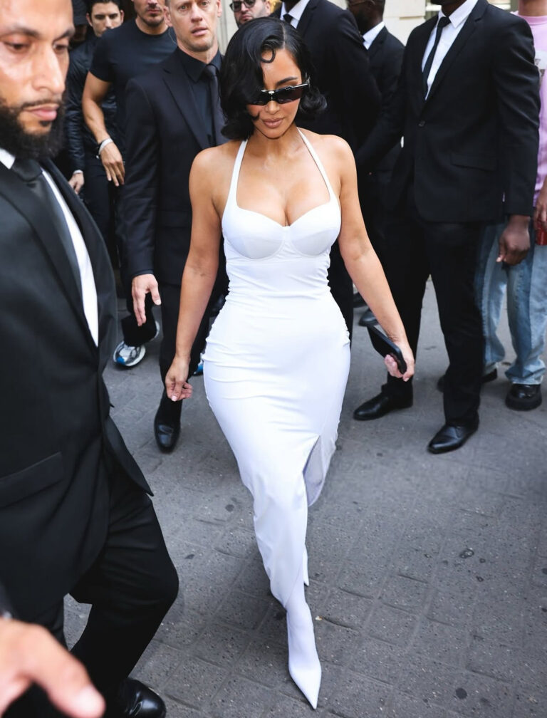 Kim Kardashian Wore a White Balenciaga Monochromatic Look to Paris Fashion Week
