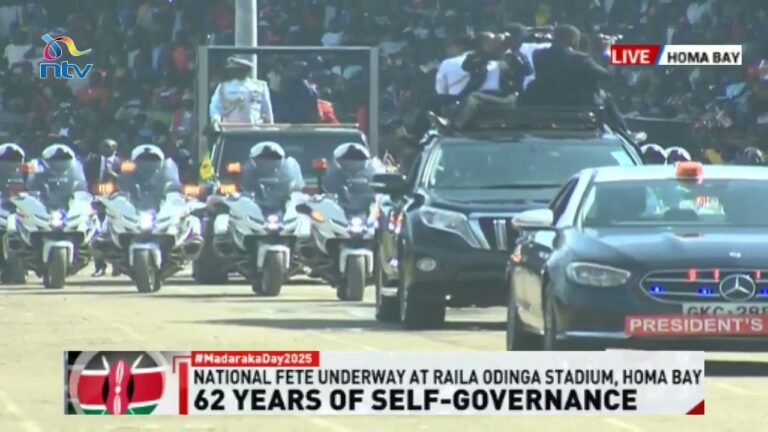 President Ruto arrives at the Raila Odinga Stadium in Homa Bay for Madaraka Day celebrations Mushenee