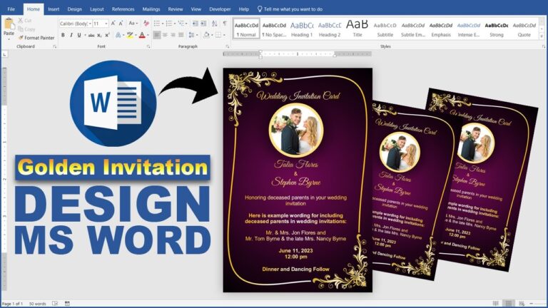 Printable Golden Wedding Invitation Card Design in Microsoft Word || 4r Wedding Card Design in Word
