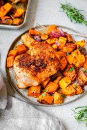 Spatchcock Chicken with Sweet Potatoes (Sheet Pan Dinner)